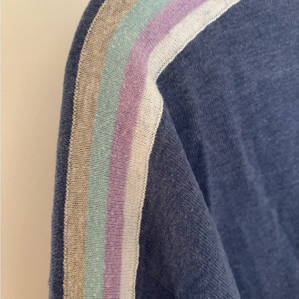 Sandwich Blue Crewneck Sweater with Pastel Sleeve Stripes - Size Large - Picture 4 of 6